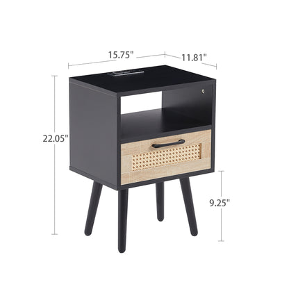 Rattan End Table with Drawer Black Legs