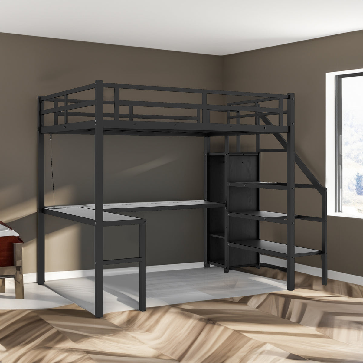 Loft Bed with USB and Adjustable Shelf Black