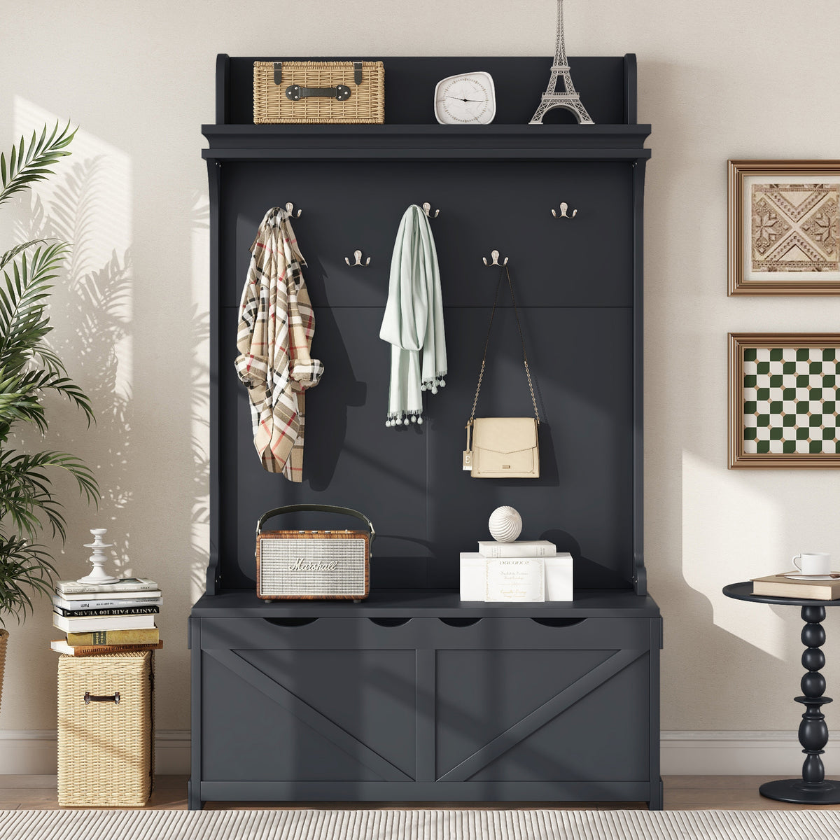 Dark Blue Hall Tree with Desk, Hooks, and Shelves