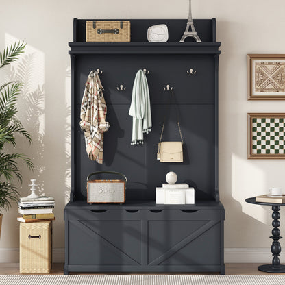 Dark Blue Hall Tree with Desk, Hooks, and Shelves