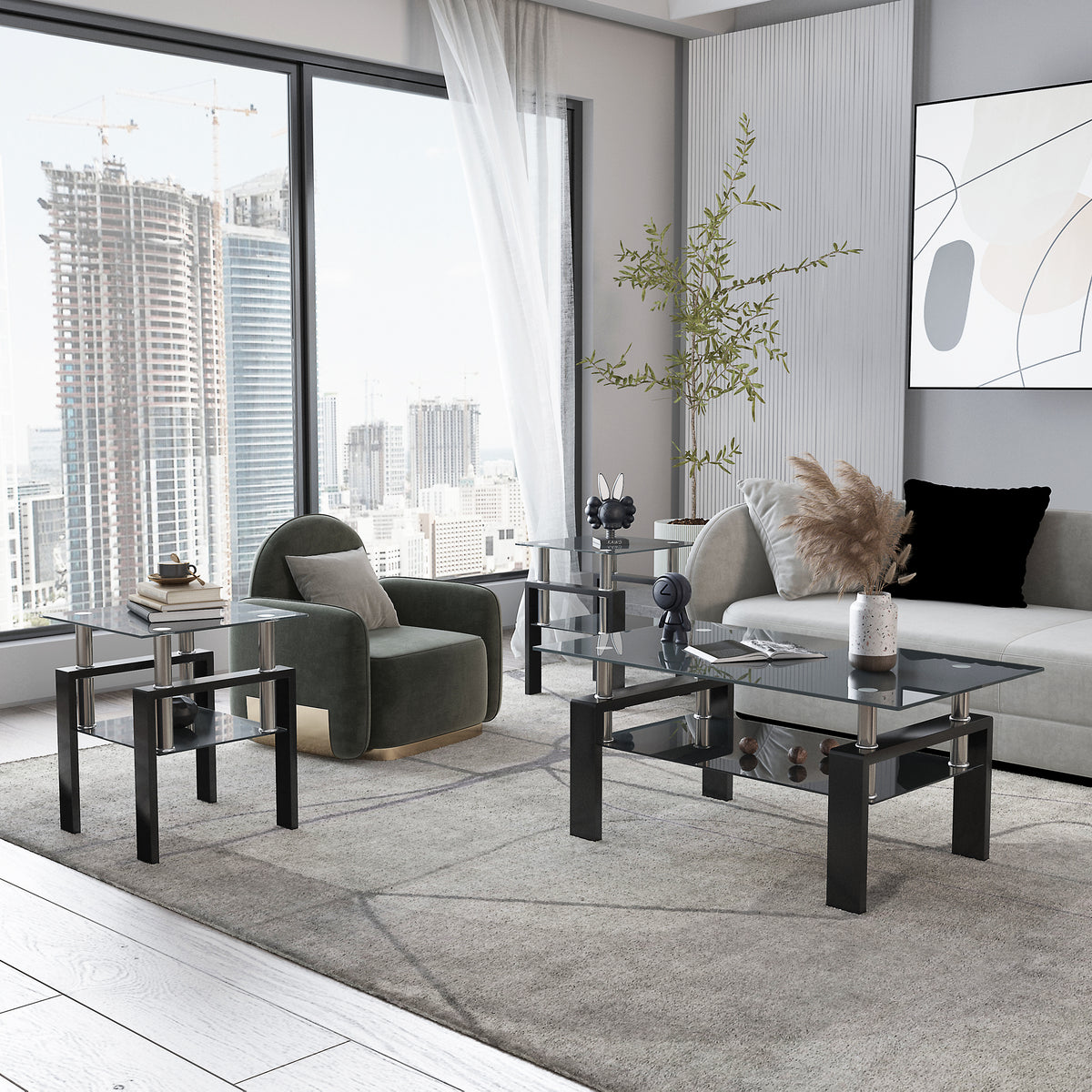 Modern Glass Coffee Tables Set of 2 Black Finish