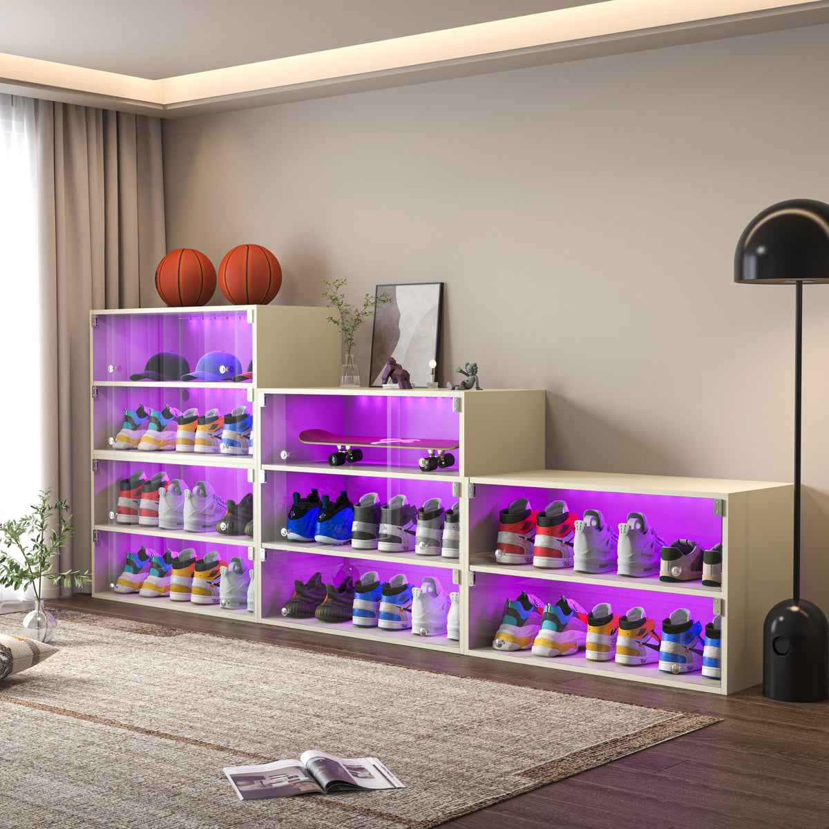 White Glass Shoe Cabinet with RGB LED Lighting