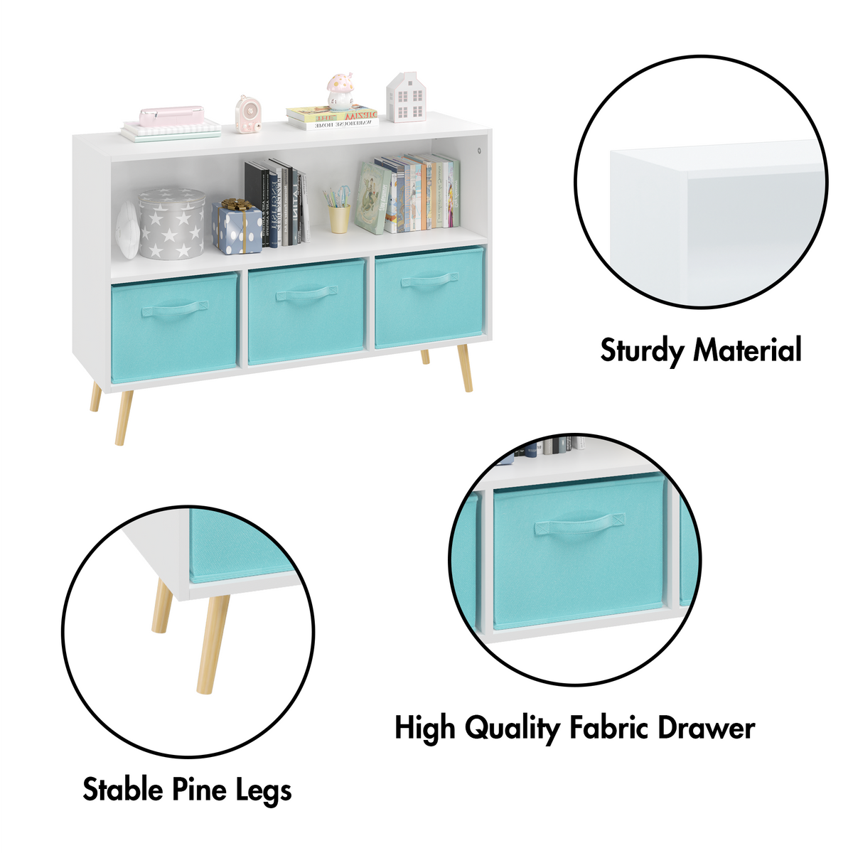 Kids Bookcase with Fabric Drawers White Blue