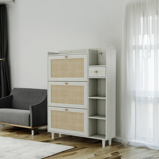 Bohemian Shoe Cabinet with Rattan Shelves White