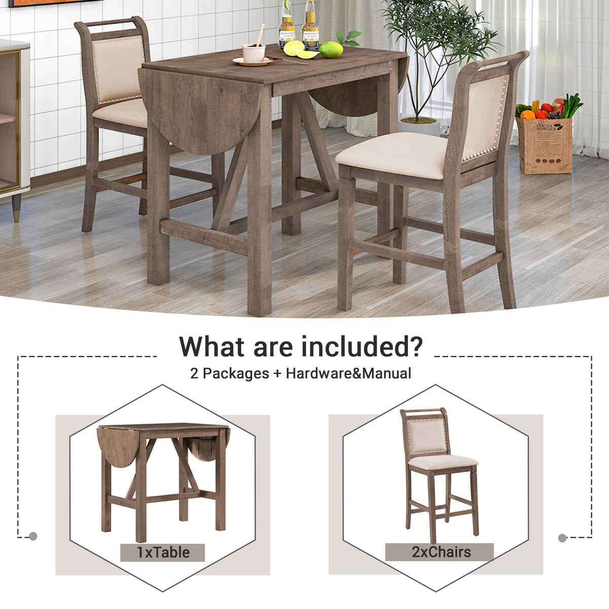 3-Piece Counter Dining Set Brown