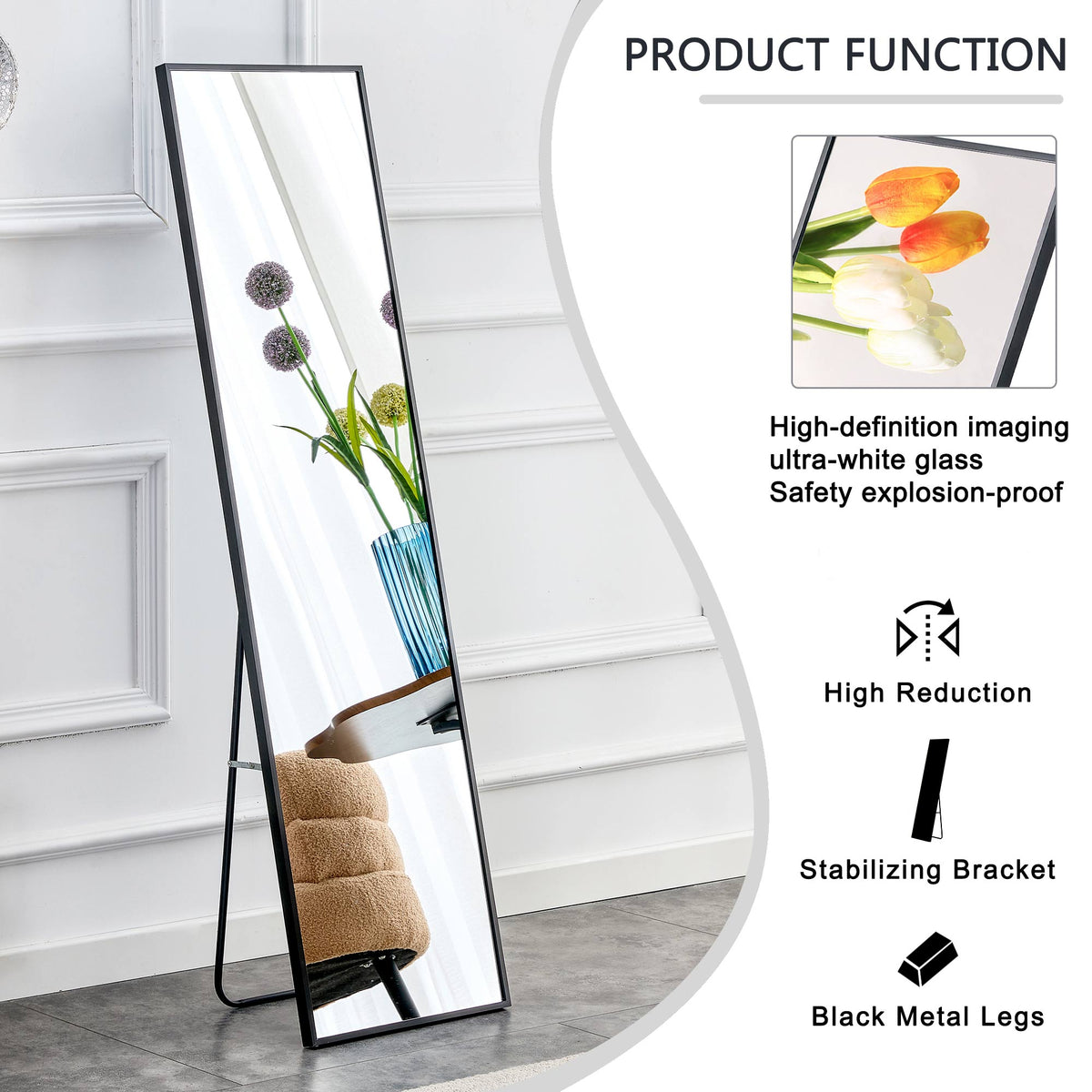 Full-Length Aluminum Mirror 65 x 23 Black Frame