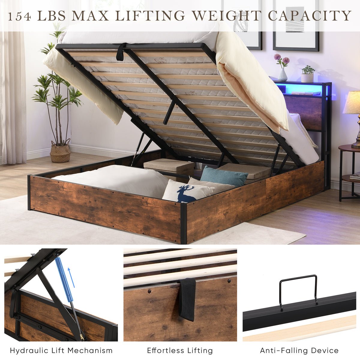 Elevating Platform Bed with LED Headboard Brown