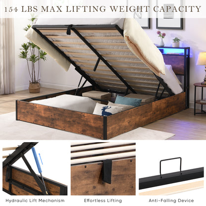 Elevating Platform Bed with LED Headboard Brown