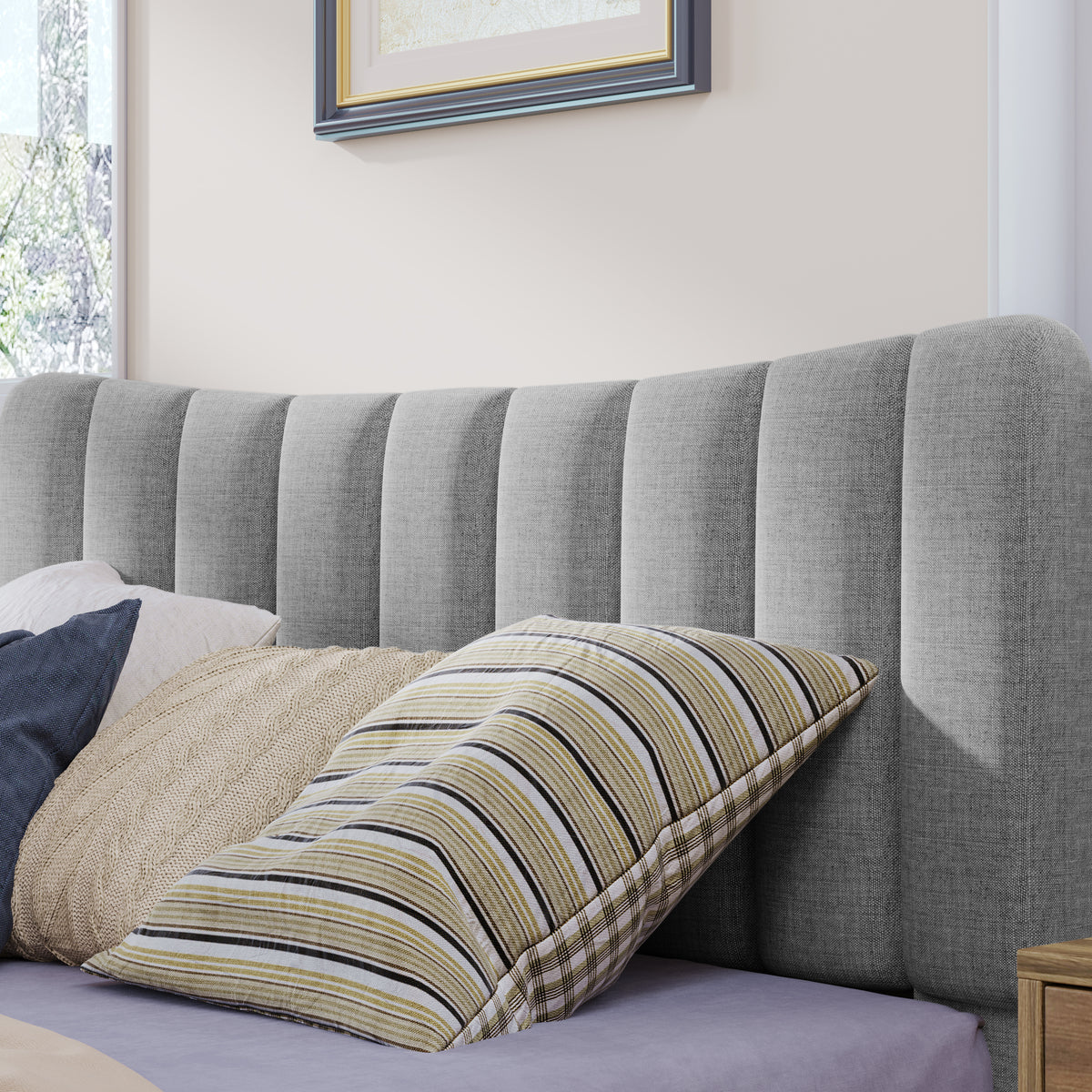 Upholstered Platform Bed with Vertical Channel Headboard Gray