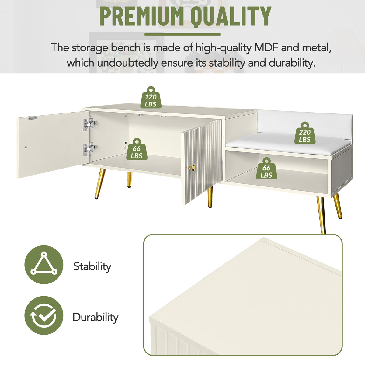 Modern Hidden Storage Bench White Upholstered Seat