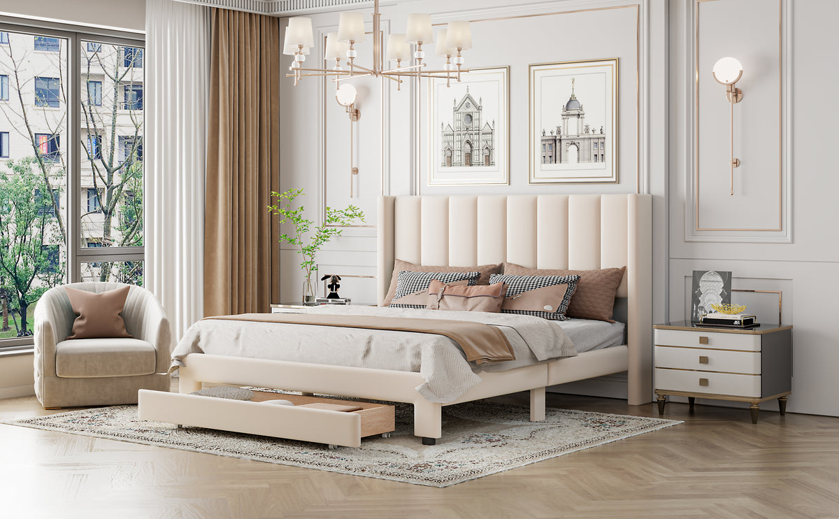 Queen Velvet Storage Bed Beige