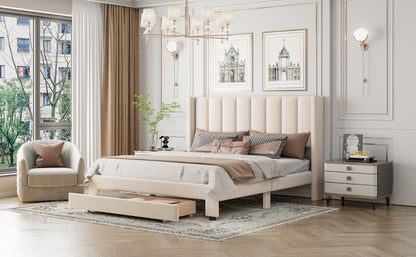 Queen Velvet Storage Bed Beige