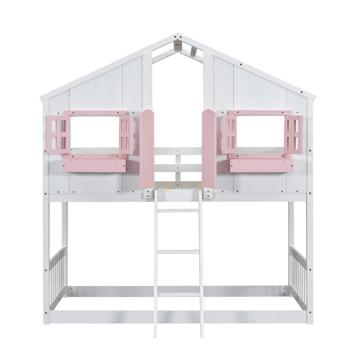 Twin House Bunk Bed with Ladder Pink White
