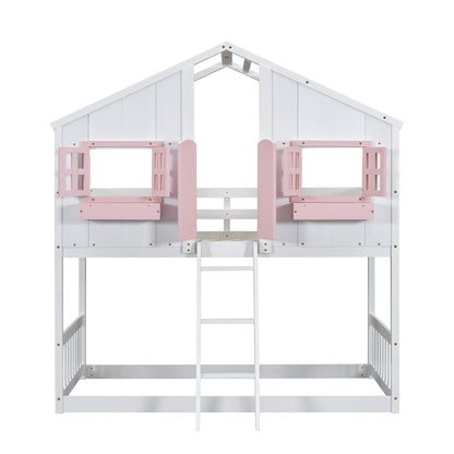 Twin House Bunk Bed with Ladder Pink White