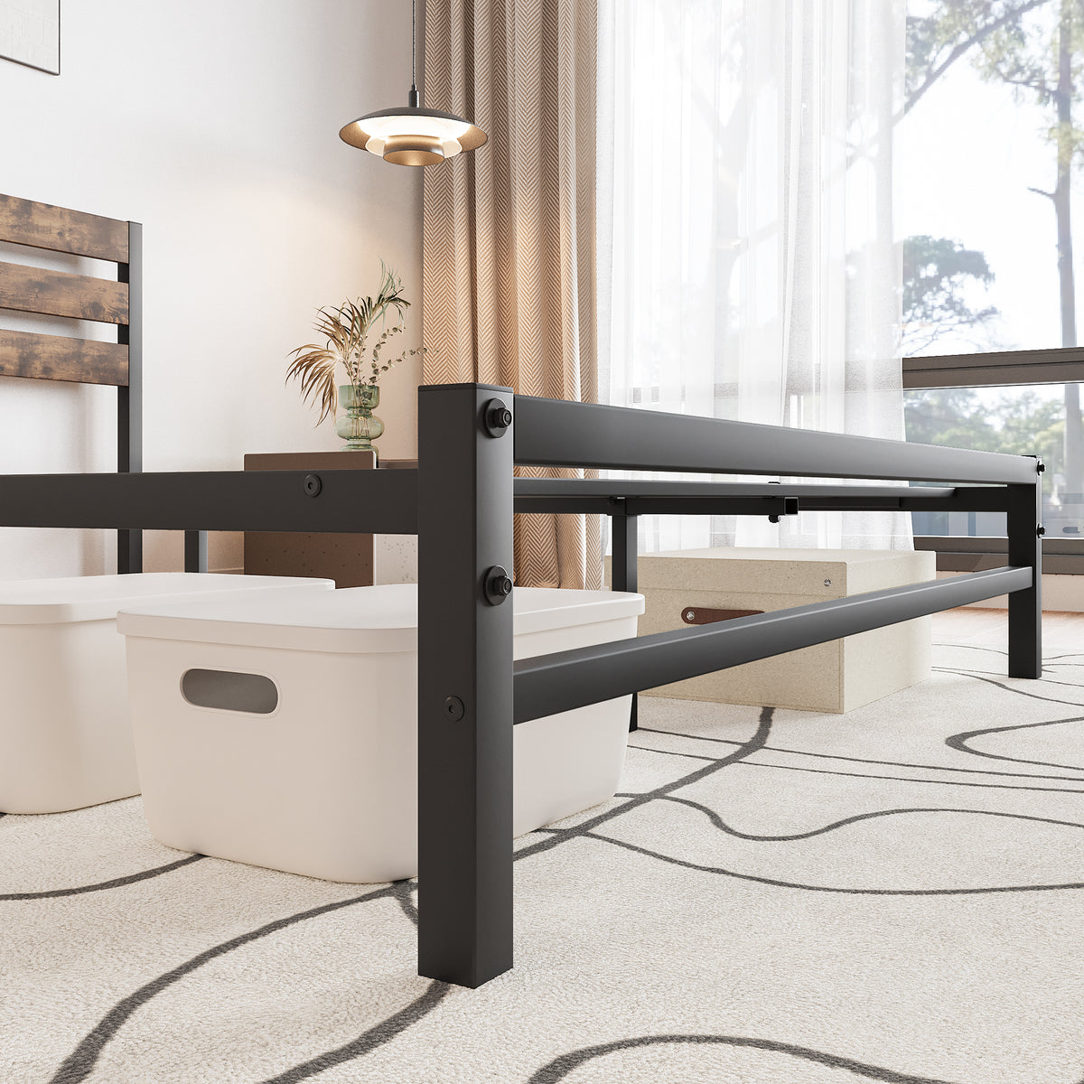 Queen Platform Bed with Rustic Wood Headboard Brown