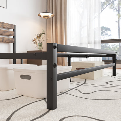 Queen Platform Bed with Rustic Wood Headboard Brown