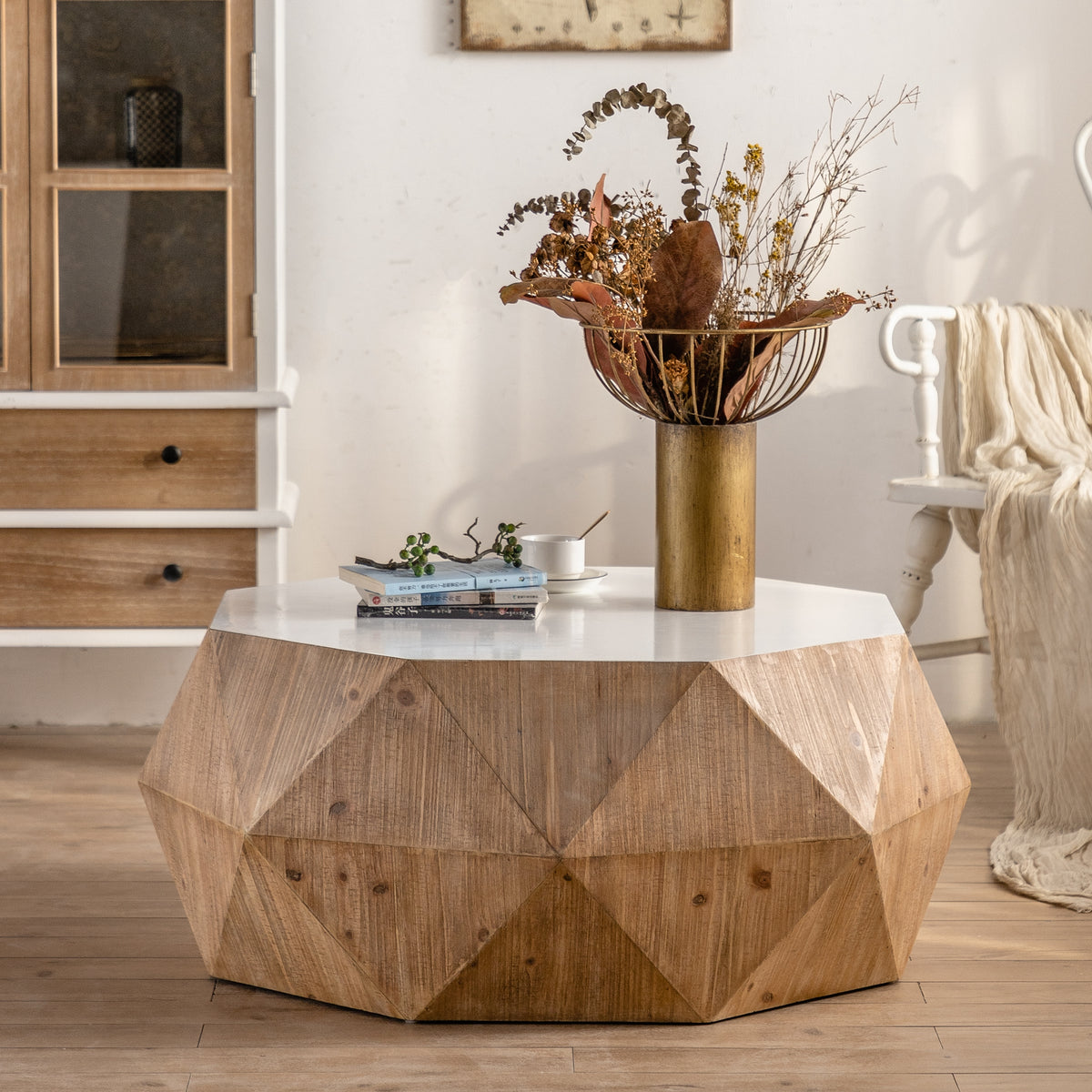 White & Oak Embossed Coffee Table – Vintage Fir Wood with 3D Relief Pattern