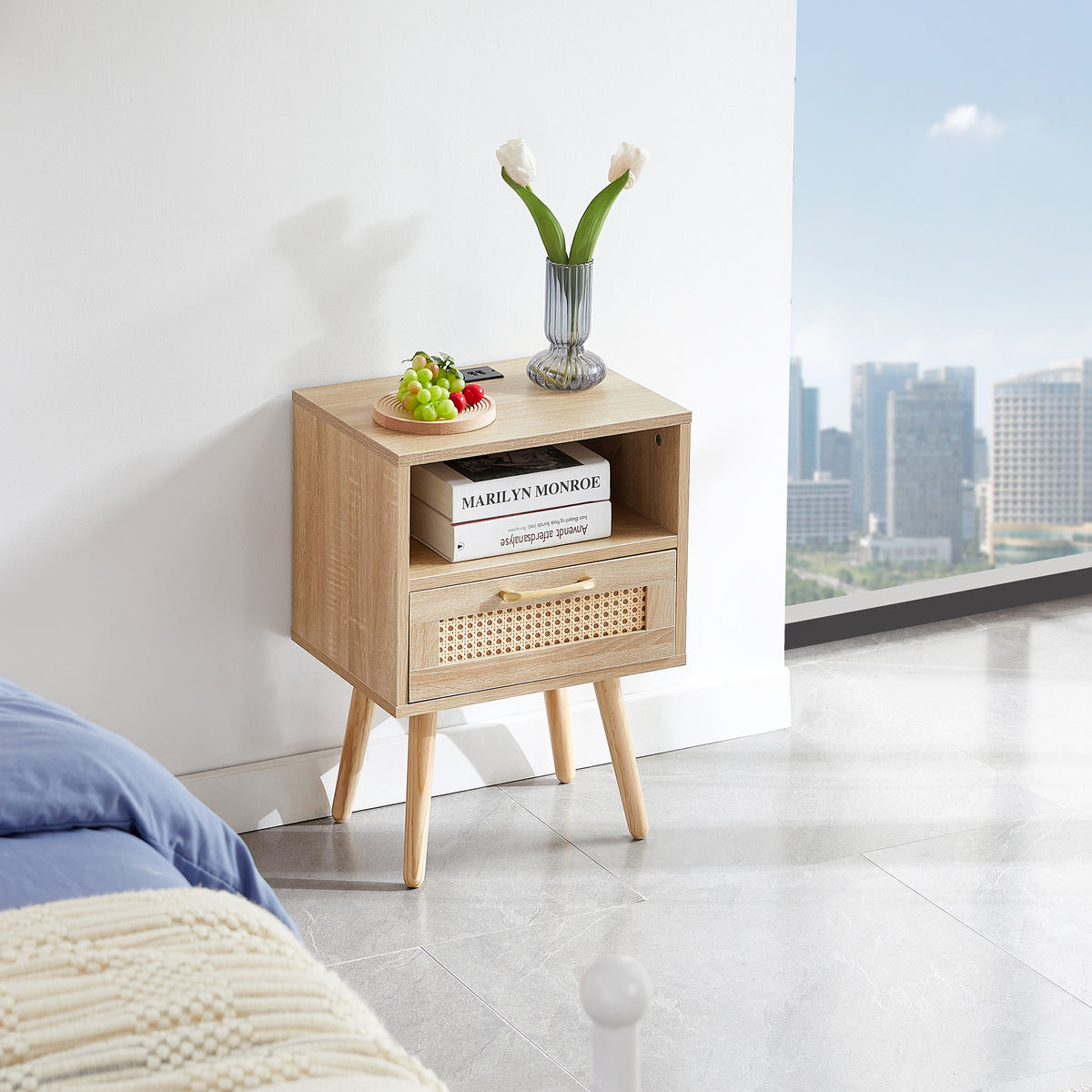 Rattan End Table with USB Ports and Drawer