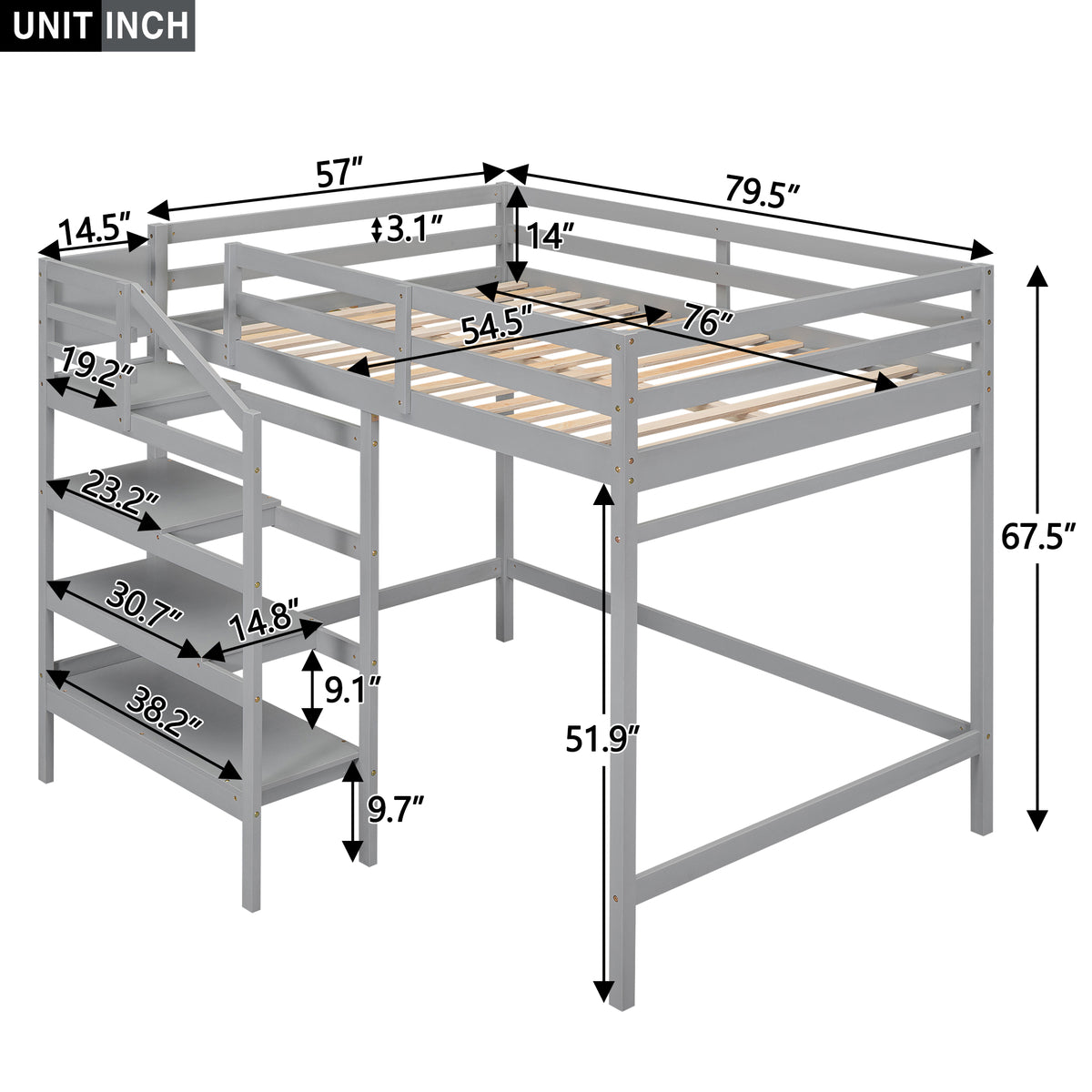 Full Loft Bed with Built-in Storage Gray