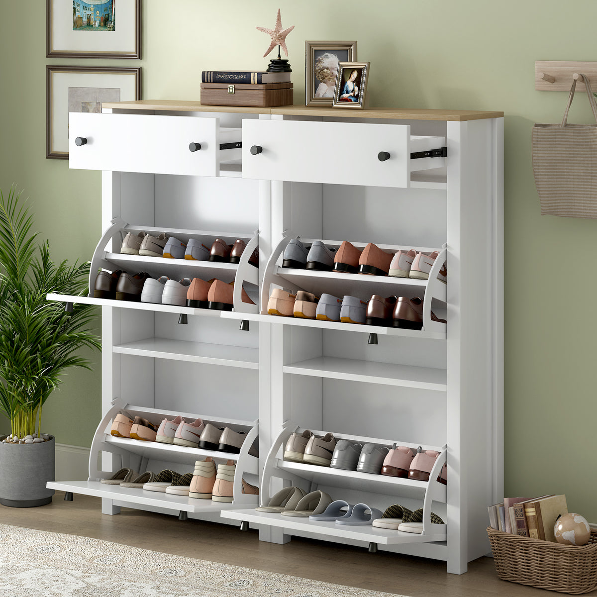 Ultra-Slim White Shoe Cabinet with Flip Drawers