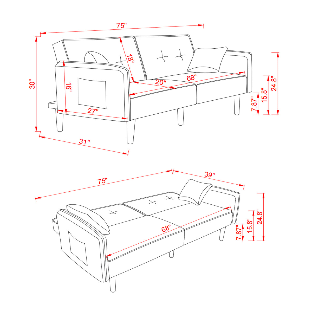 Blue Fabric Living Room Futon Sofa Bed