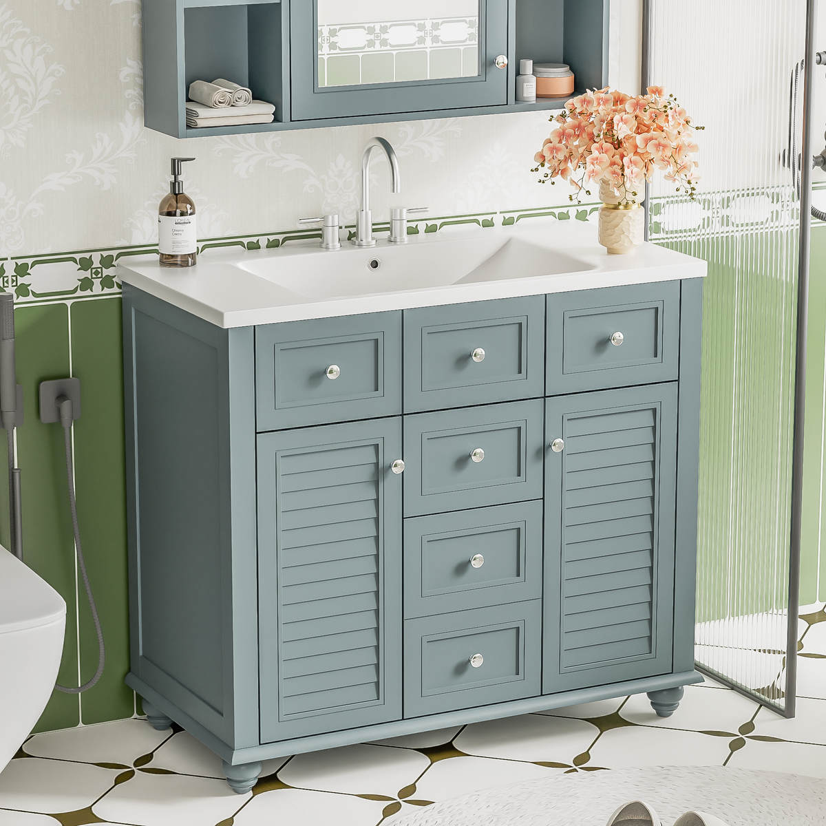 36-Inch Blue Bathroom Vanity with Resin Sink and Drawers