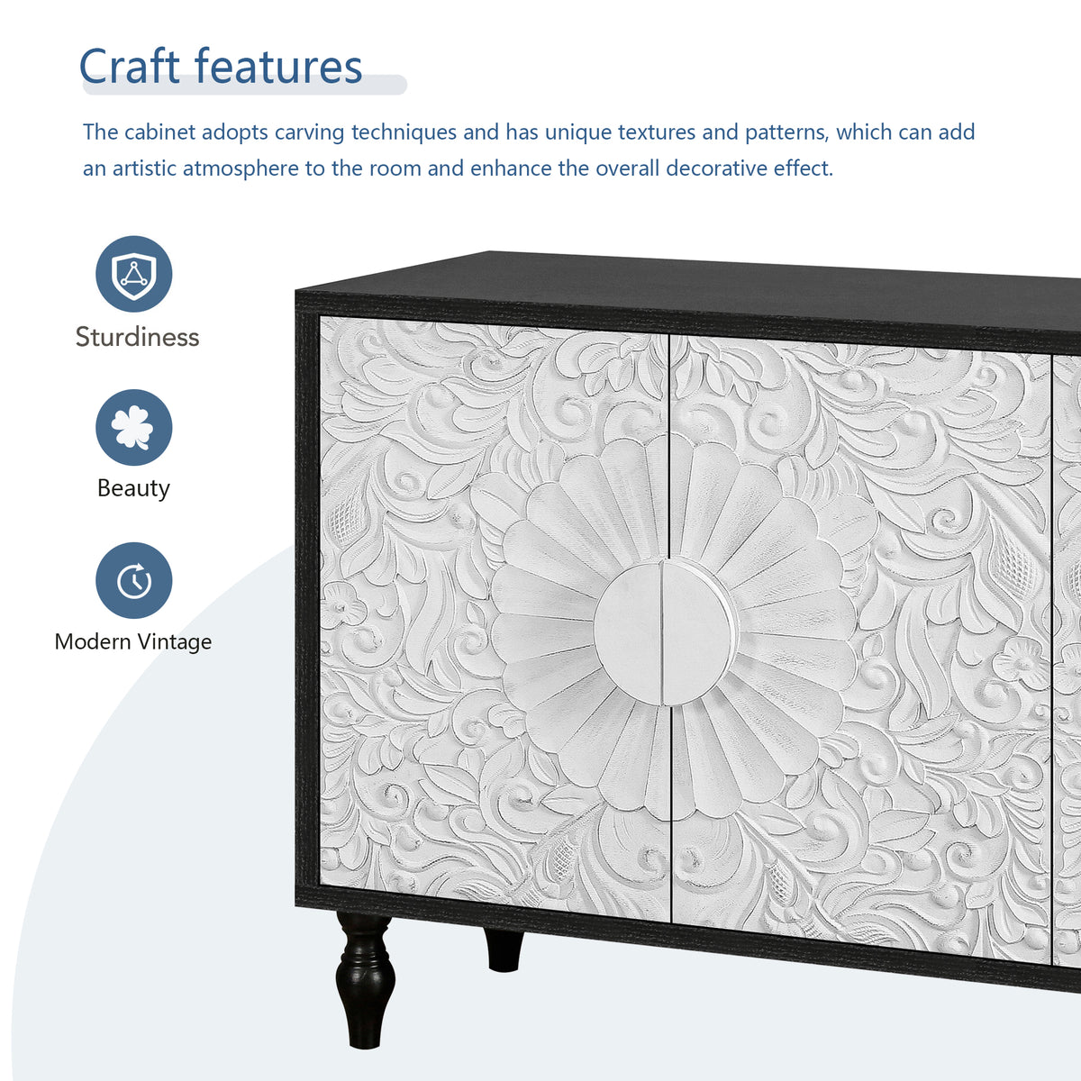 Vintage White Faceted Accent Cabinet with Black Frame