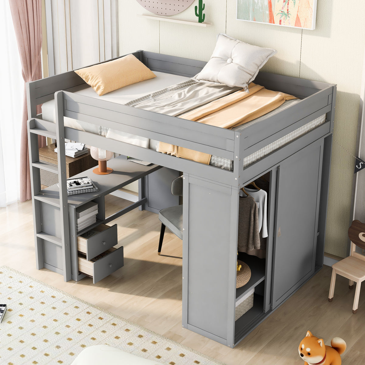 Full Loft Bed with Wardrobe Gray