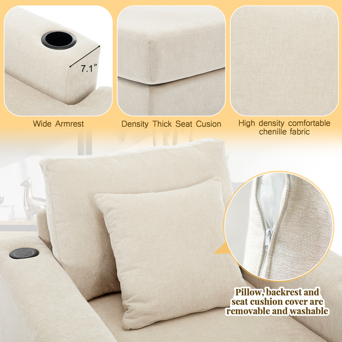 Oversized Chaise Lounge with Pillows Cream