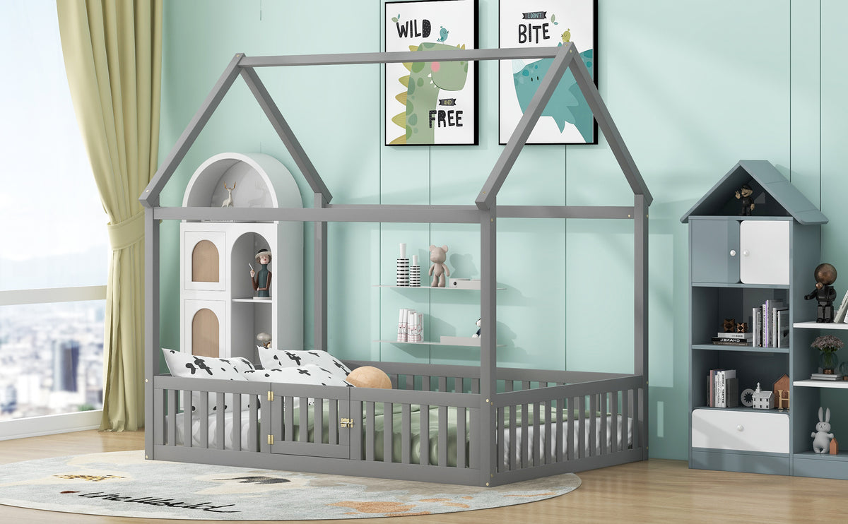 Full Wood Bed with Fence and Door Gray
