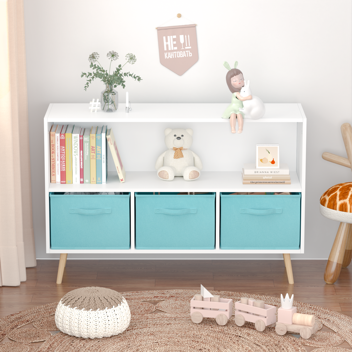 Kids Bookcase with Fabric Drawers White Blue