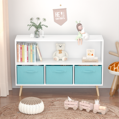 Kids Bookcase with Fabric Drawers White Blue