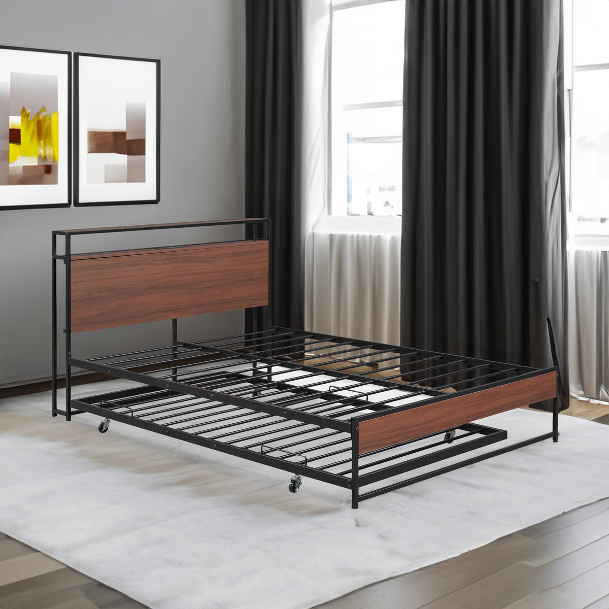 Queen Metal Platform Bed with USB Ports Black