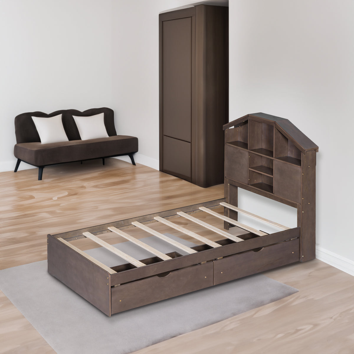 Twin Platform Bed with Storage Drawers Walnut