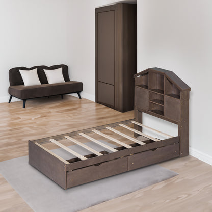 Twin Platform Bed with Storage Drawers Walnut
