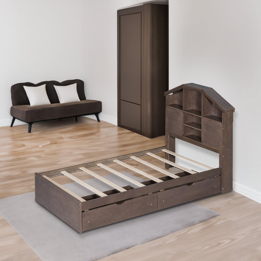Twin Platform Bed with Storage Drawers Walnut