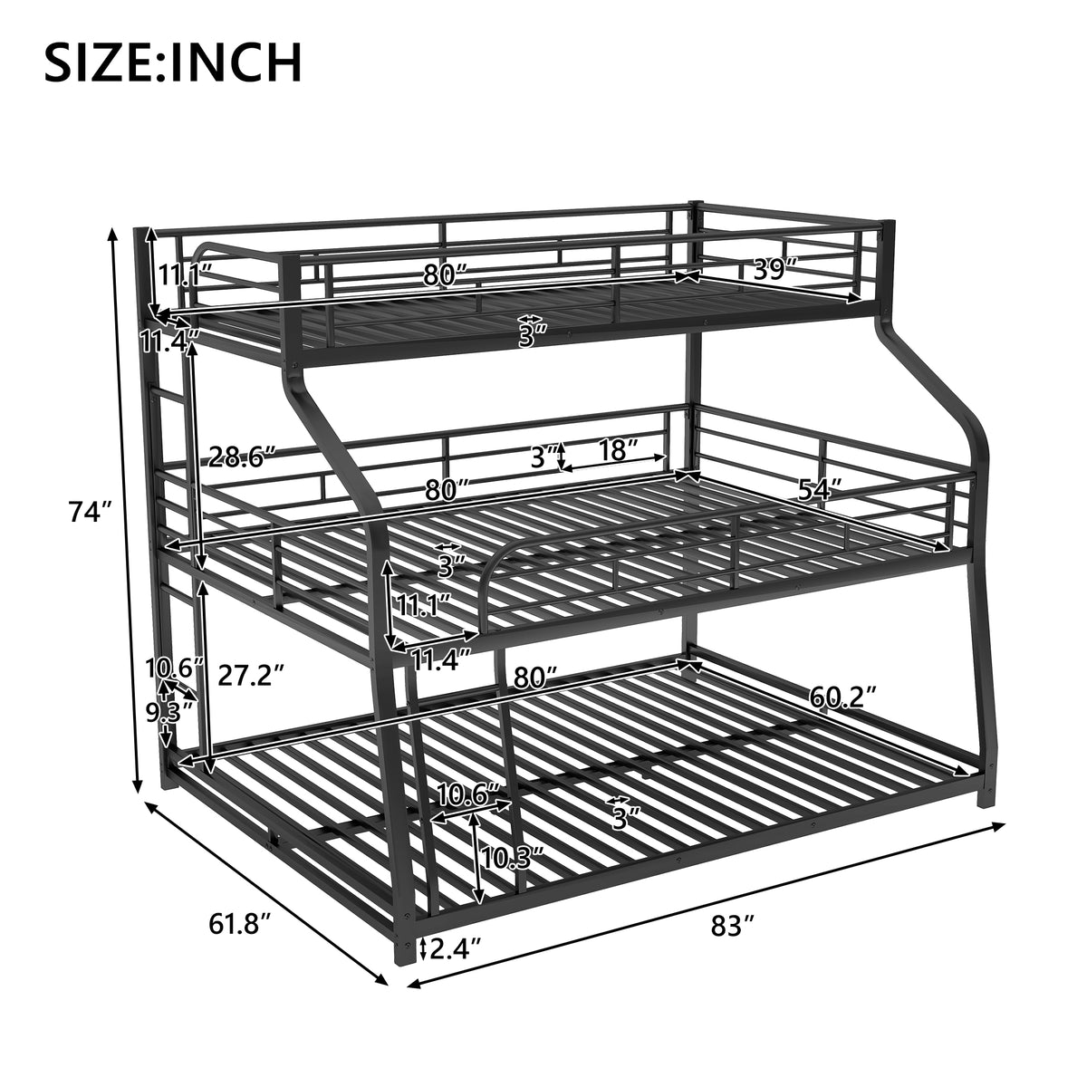 Metal Bunk Bed Triple Tier Black