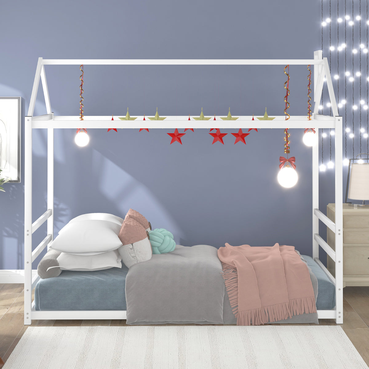 House Platform Bed with Chimney Roof – White
