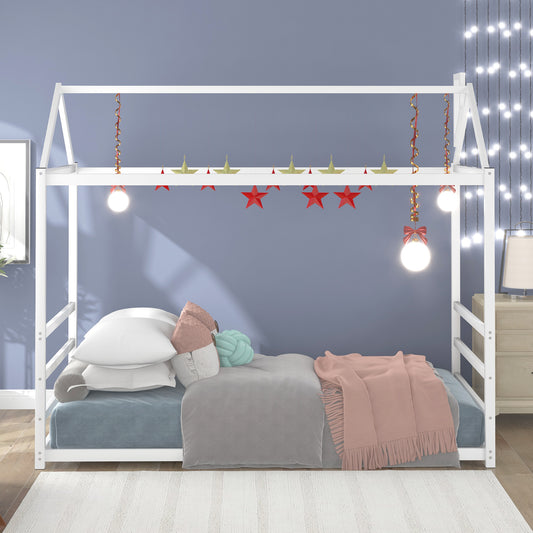House Platform Bed with Chimney Roof – White