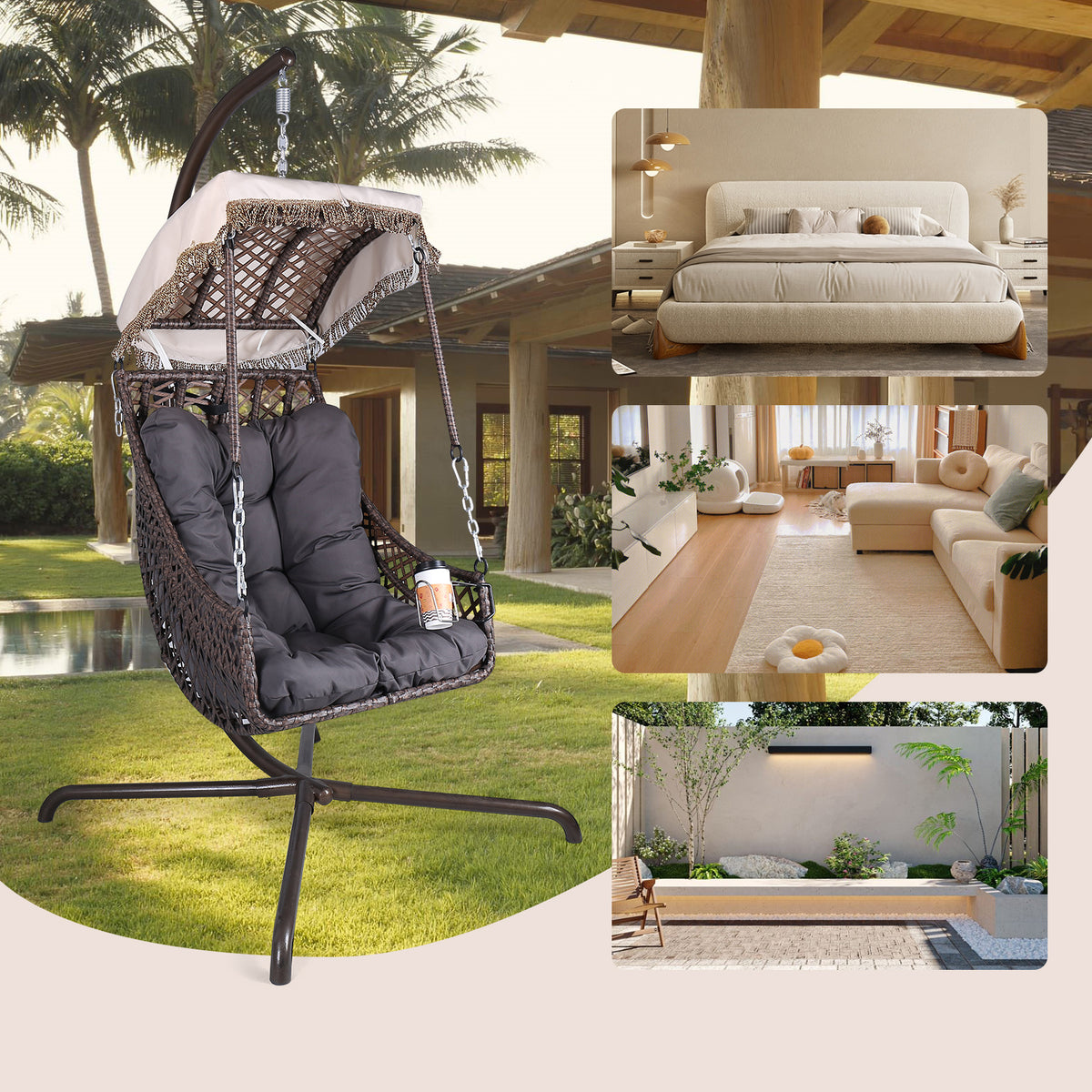 Rattan Swing Egg Chair with Stand Beige
