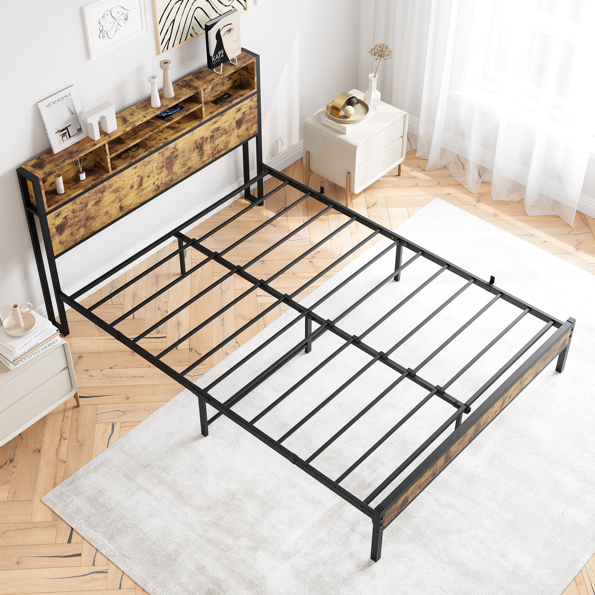 Queen Platform Bed with Charging Station Black