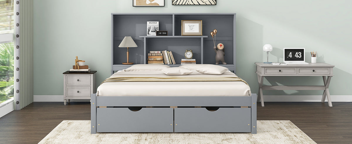Queen Platform Bed with Storage Drawers Gray