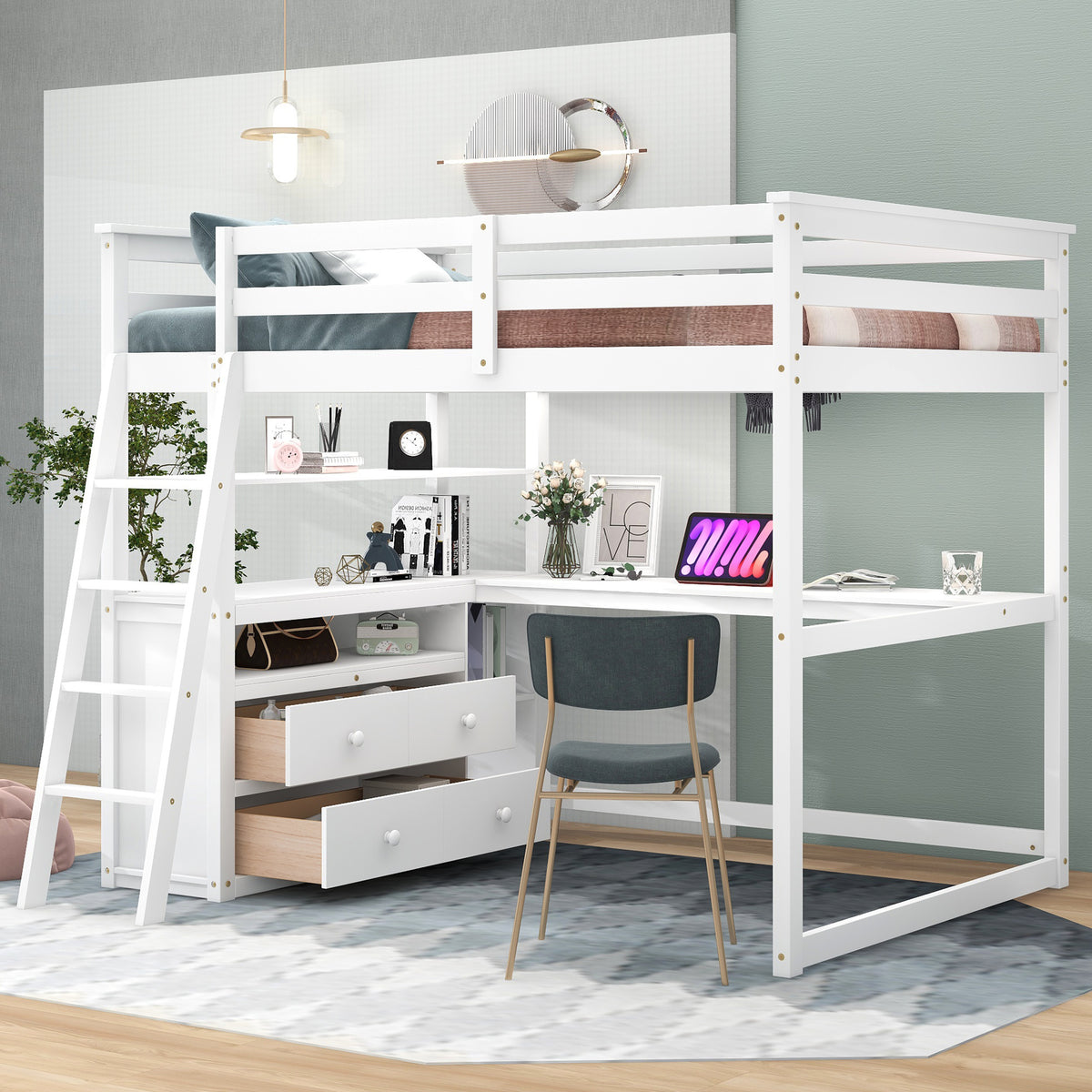 Full Loft Bed with Desk and Drawers White