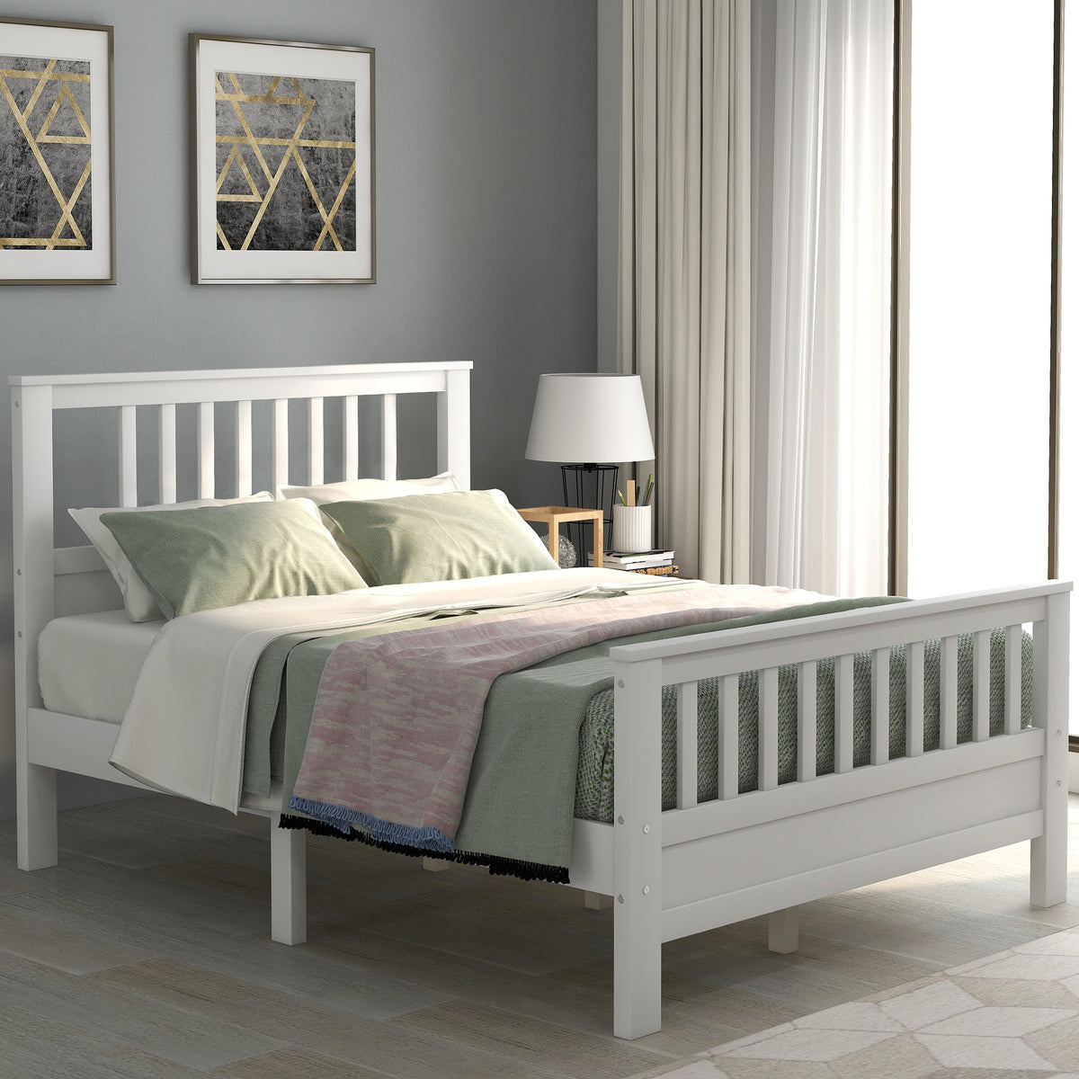 Wooden Platform Bed with Footboard White