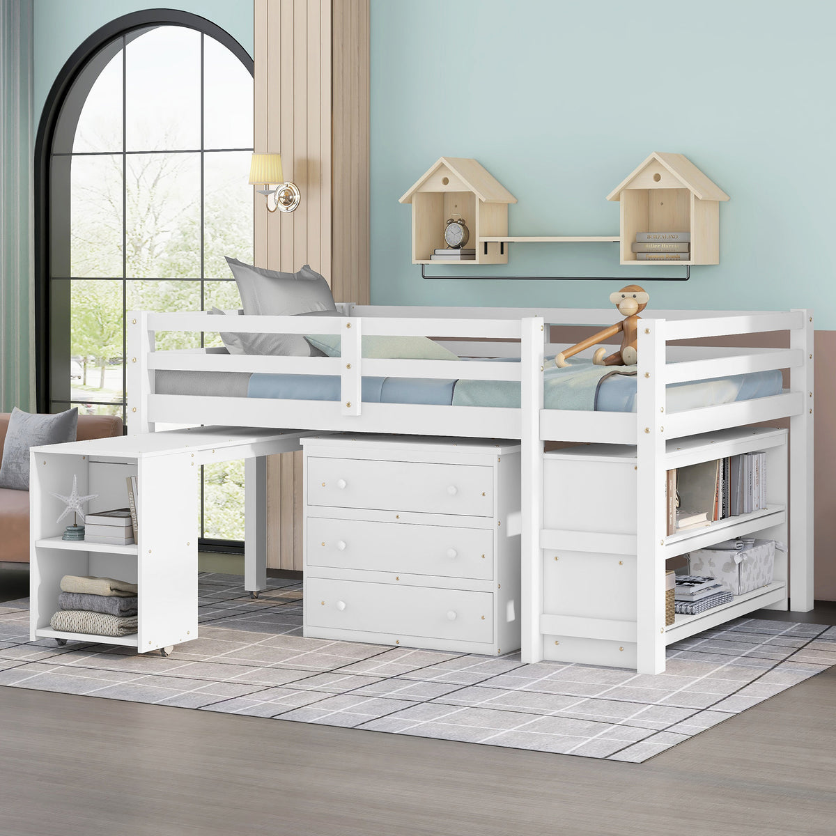 Full Loft Bed with Rolling Desk White
