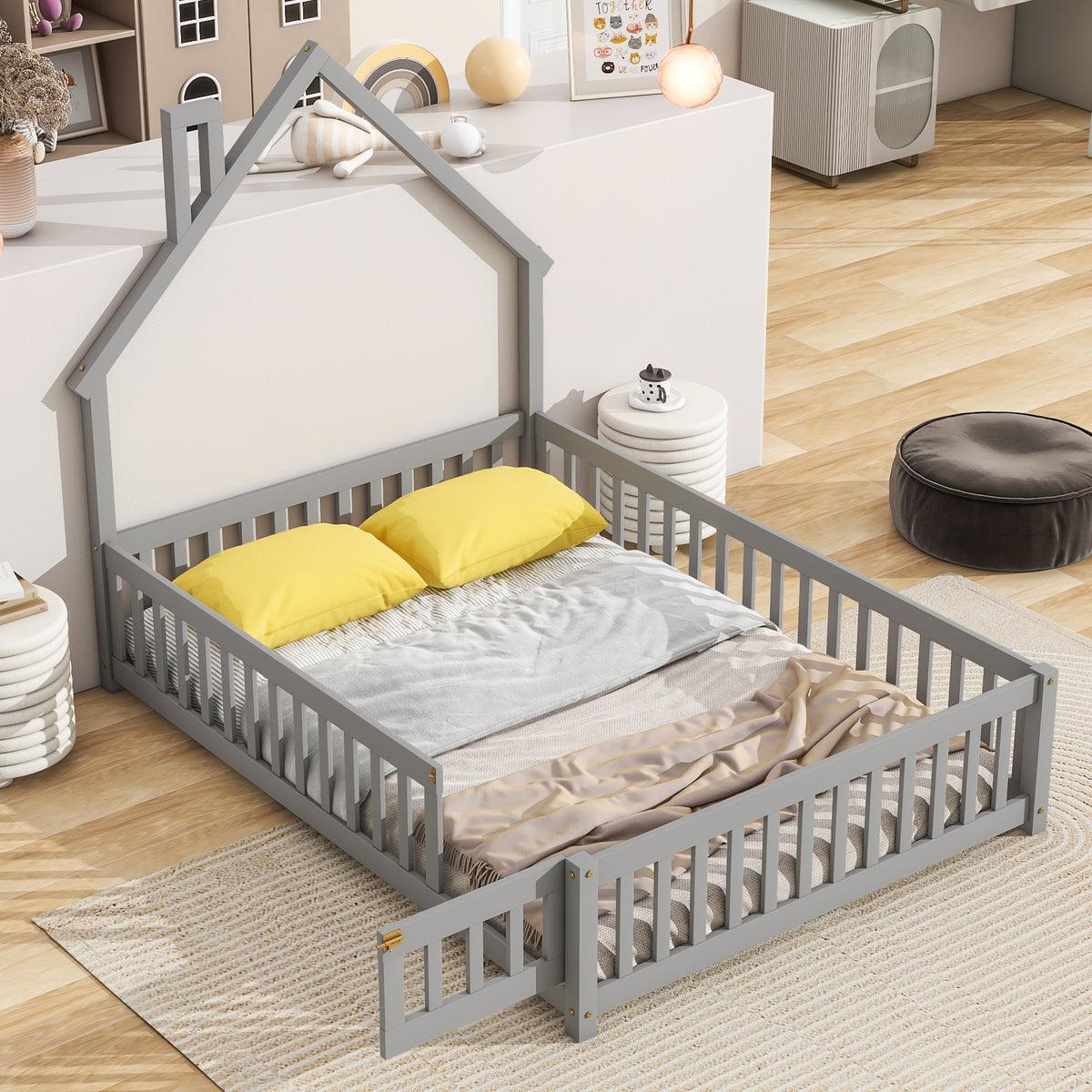 House Frame Bed with Fence Gray