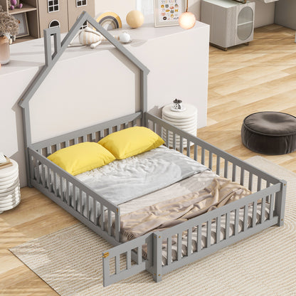 House Frame Bed with Fence Gray