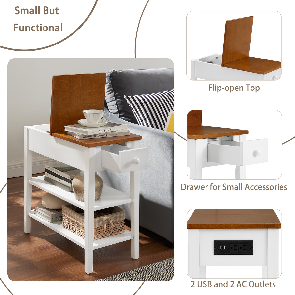 Wooden End Table with USB Ports Walnut