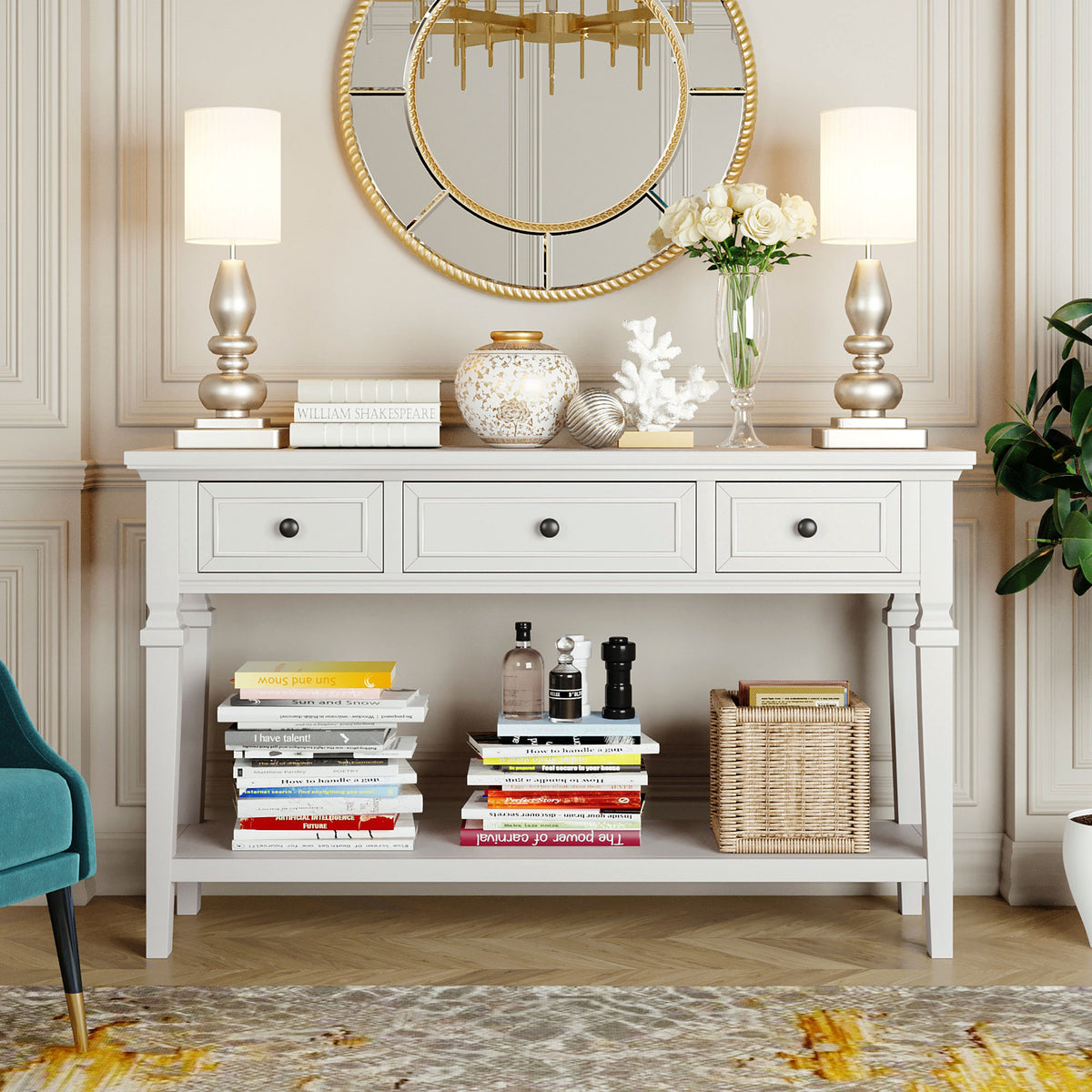 White Wood Console Table with Drawers