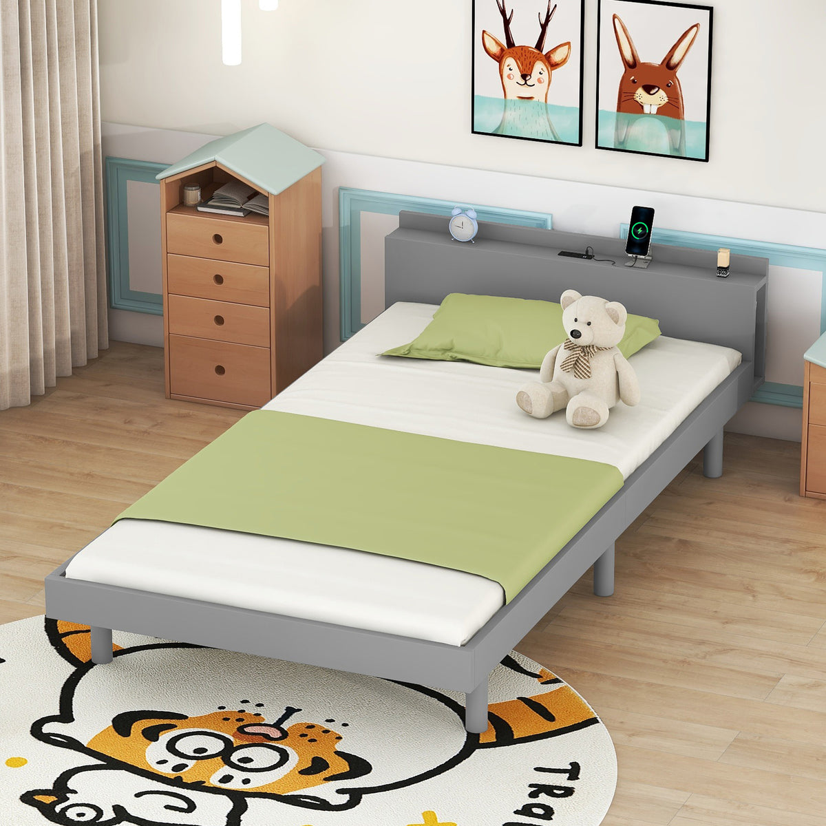 Twin Platform Bed with USB Ports Gray Finish